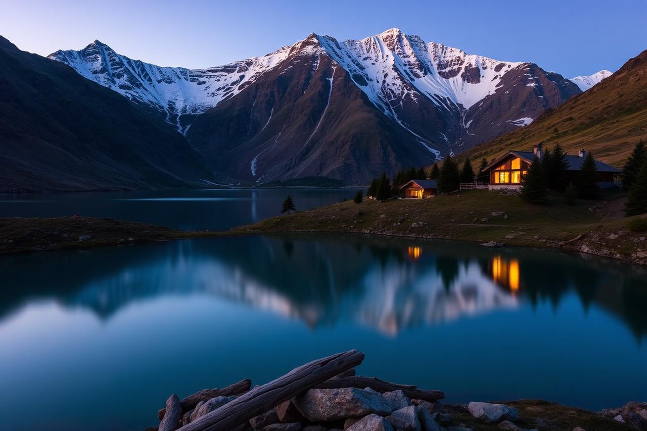 Cordillera de los Andes patagónica reflejada en un lago glaciar entre Argentina y Chile