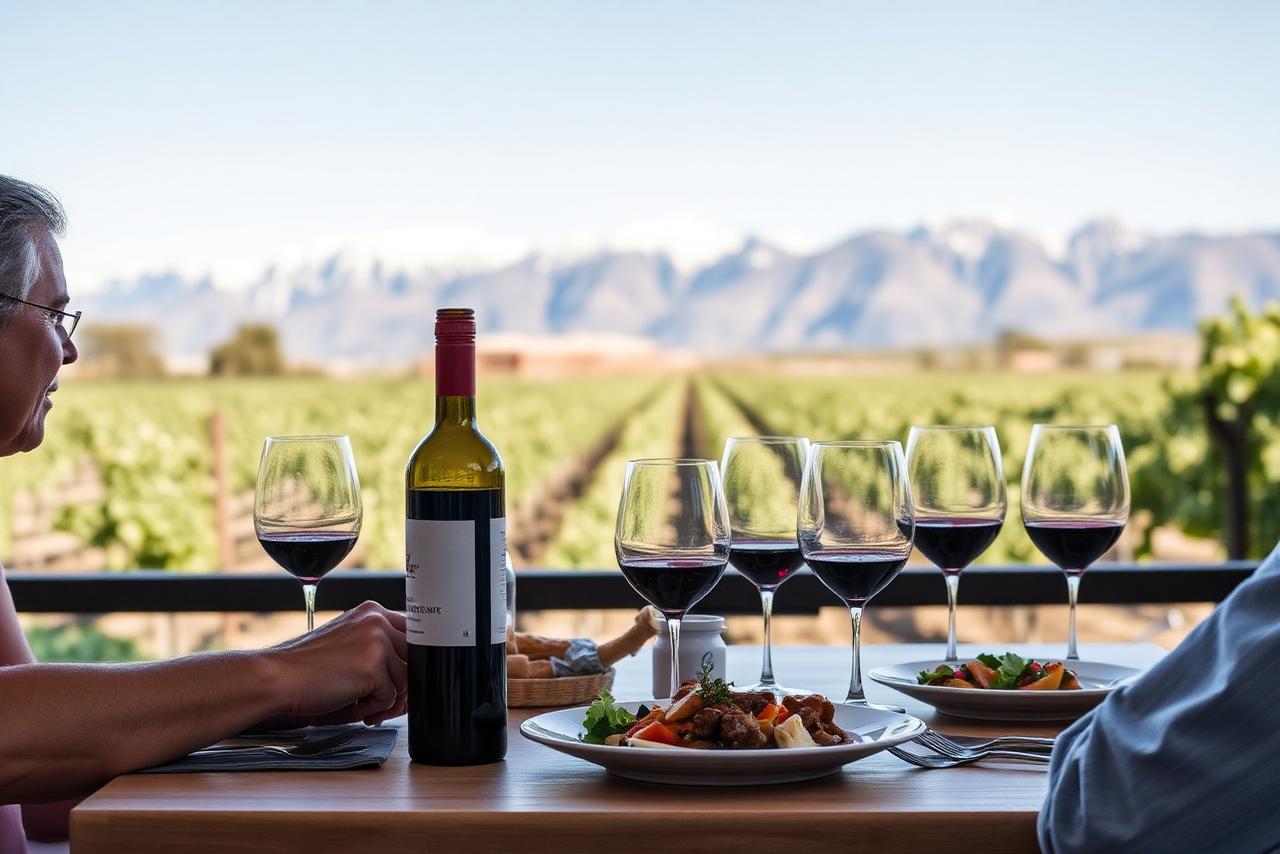 Hileras de vi&ntilde;edo con la cordillera de los Andes al fondo en Mendoza