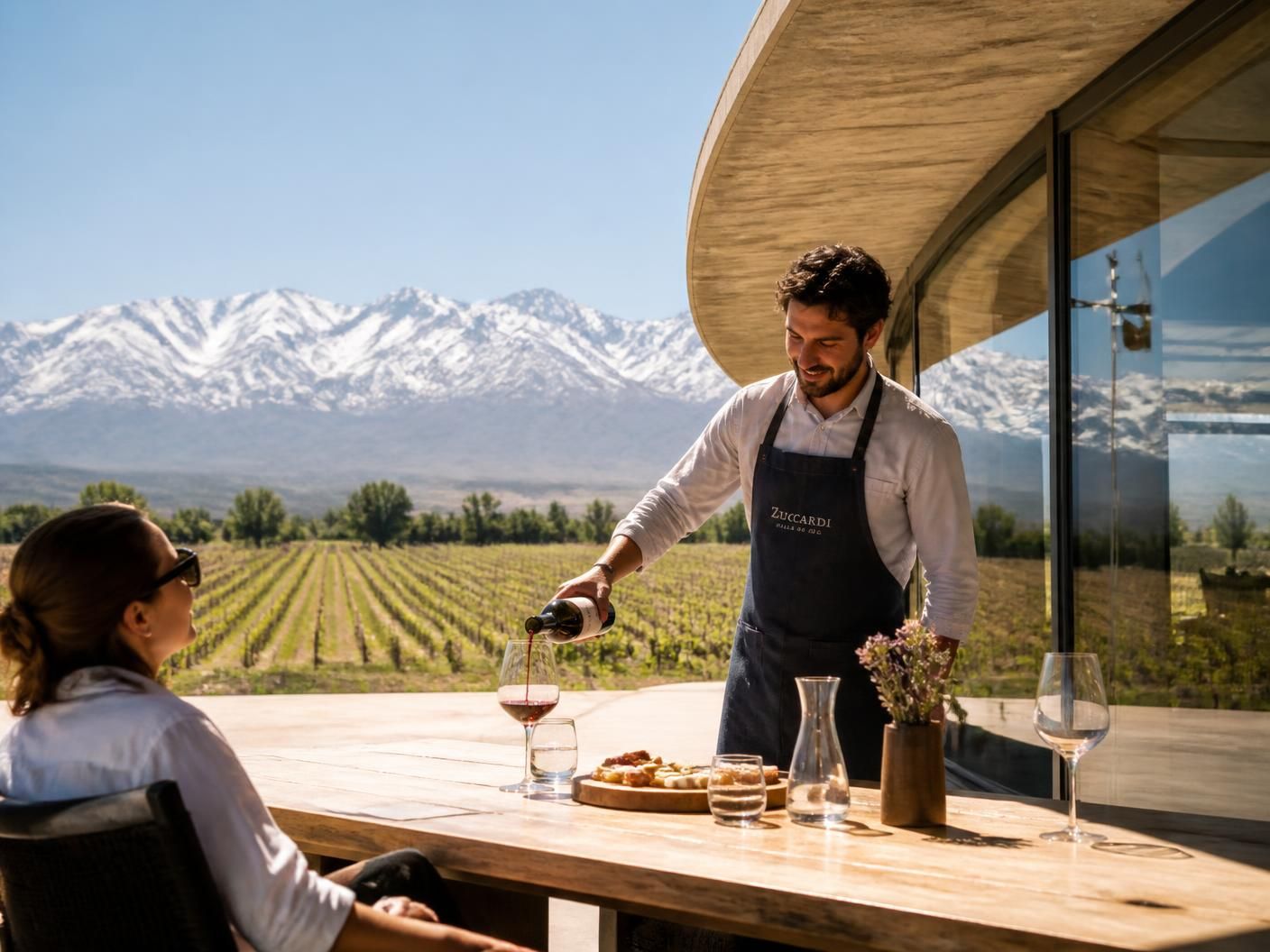 Hileras de vi&ntilde;edo con la cordillera de los Andes al fondo en Mendoza